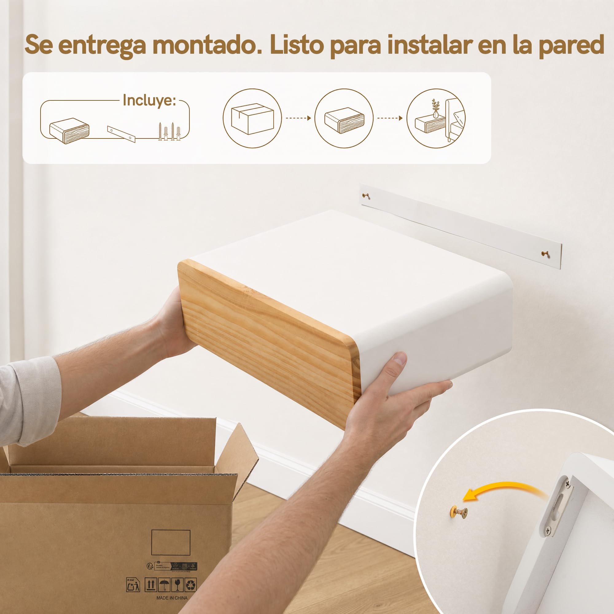 SUMGAR Mesita de Noche Flotante Blanca con Cajón Mesa de Noche Dormitorio | Premontada, Mesilla de Pared de Madera, tirador oculto, esquinas redondeadas, 28,5 x 40 x 13cm, hasta 8kg, espacios pequeños