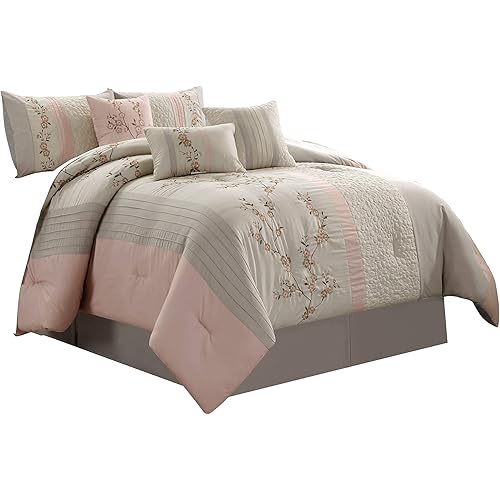 Chezmoi Collection Linnea 7-Piece Luxury Blush Taupe Cherry Blossom Floral Embroidery Comforter Set, Queen