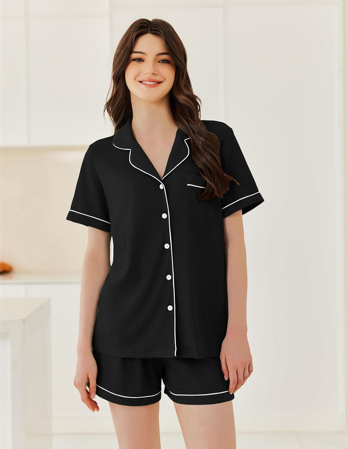 Ekouaer Womens Waffle Knit Pajama Sets Soft Short Sleeve Button Down Sleepwear Cozy 2 Piece Pjs Shorts Set - Image 2