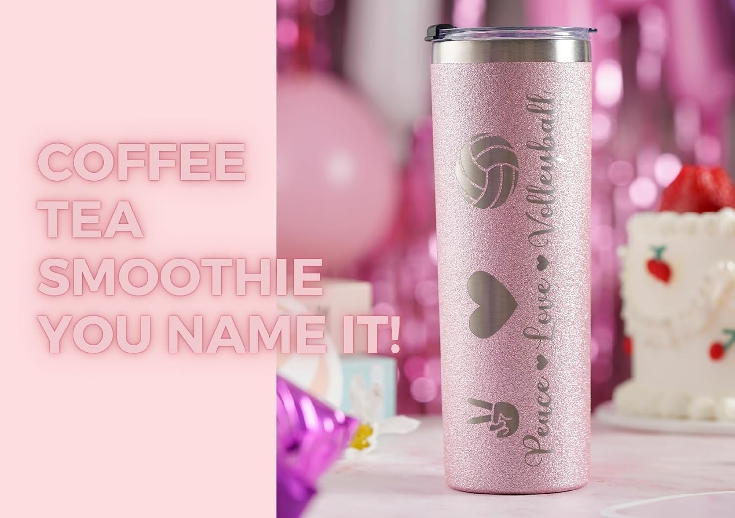 Onebttl Volleyball Gifts for Teen Girls & Team, Stainless Steel Kids Volleyball Tumbler, Double Wall Vacuum Insulated Bottle with Lid and Straw 20oz - Peace Love Volleyball (Glitter Rose Gold)