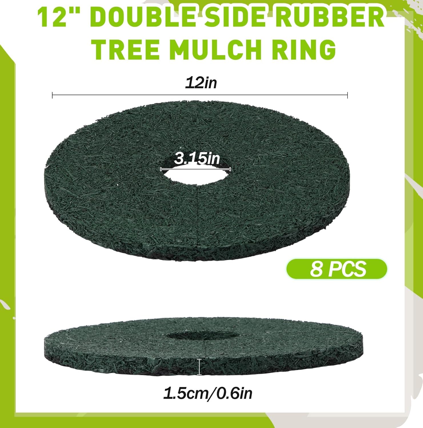 Peryiter 8 Pcs Double Side Rubber Mulch Tree Ring, Heavy Duty Rubber Mulch Mat, Tree Root Protector Mat Reversible Round Root Ring Weed Barrier for Prevent Animal Dig (Green)