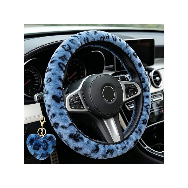 Capa para Volante Muamos Azul com Estampa de Leopardo e Chaveiro Felpudo para Volantes de 38,1 cm
