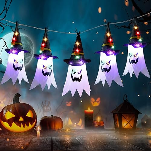 Decoraciones de Halloween, decoración al aire libre, luces colgantes de fantasma, 5 piezas de fantasma brillante con sombrero de bruja, luces de