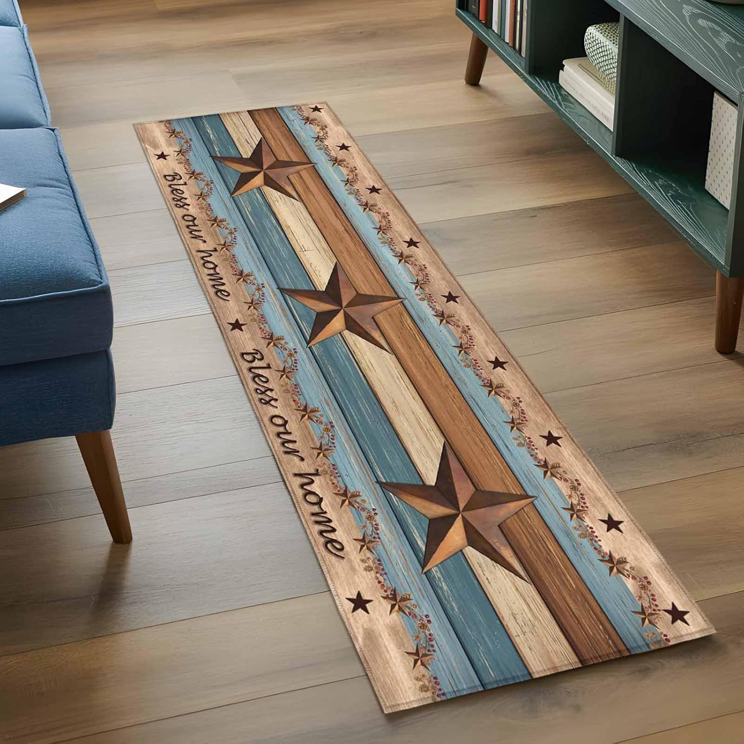 DecorLovee Runner Rug 2'x6', Western Texas Star Retro Non-Slip Hallway Runner Rugs, Vintage Farmhouse Blue Brown Wood Grain Bedside Rugs Floor Mats Carpet Runners for Kitchen Bathroom Laundry Room