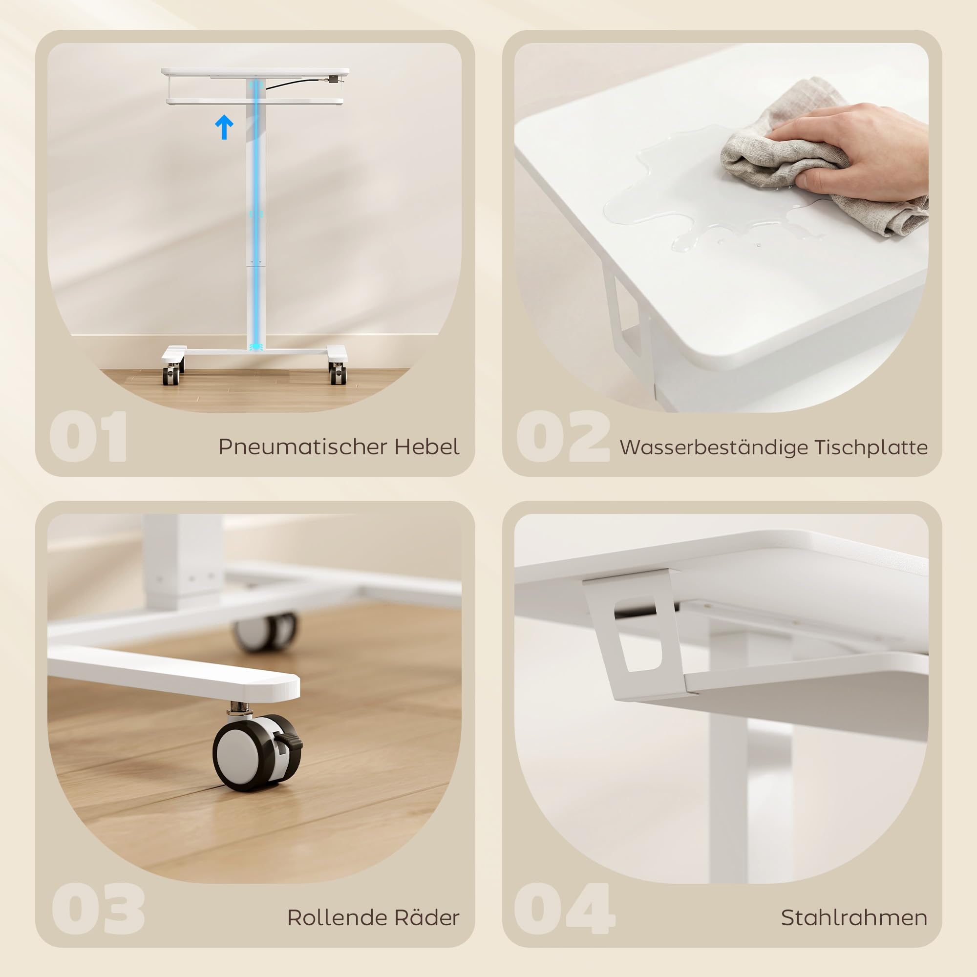 HOMCOM Laptoptisch Höhenverstellbar Pneumatisch mit Rollen, 65 x 60 cm große Tischplatte, Tastaturablage 71-107cm Computertisch, Mobiler Beistelltisch Schreibtisch für Sofa, Bett, Büro, Weiß