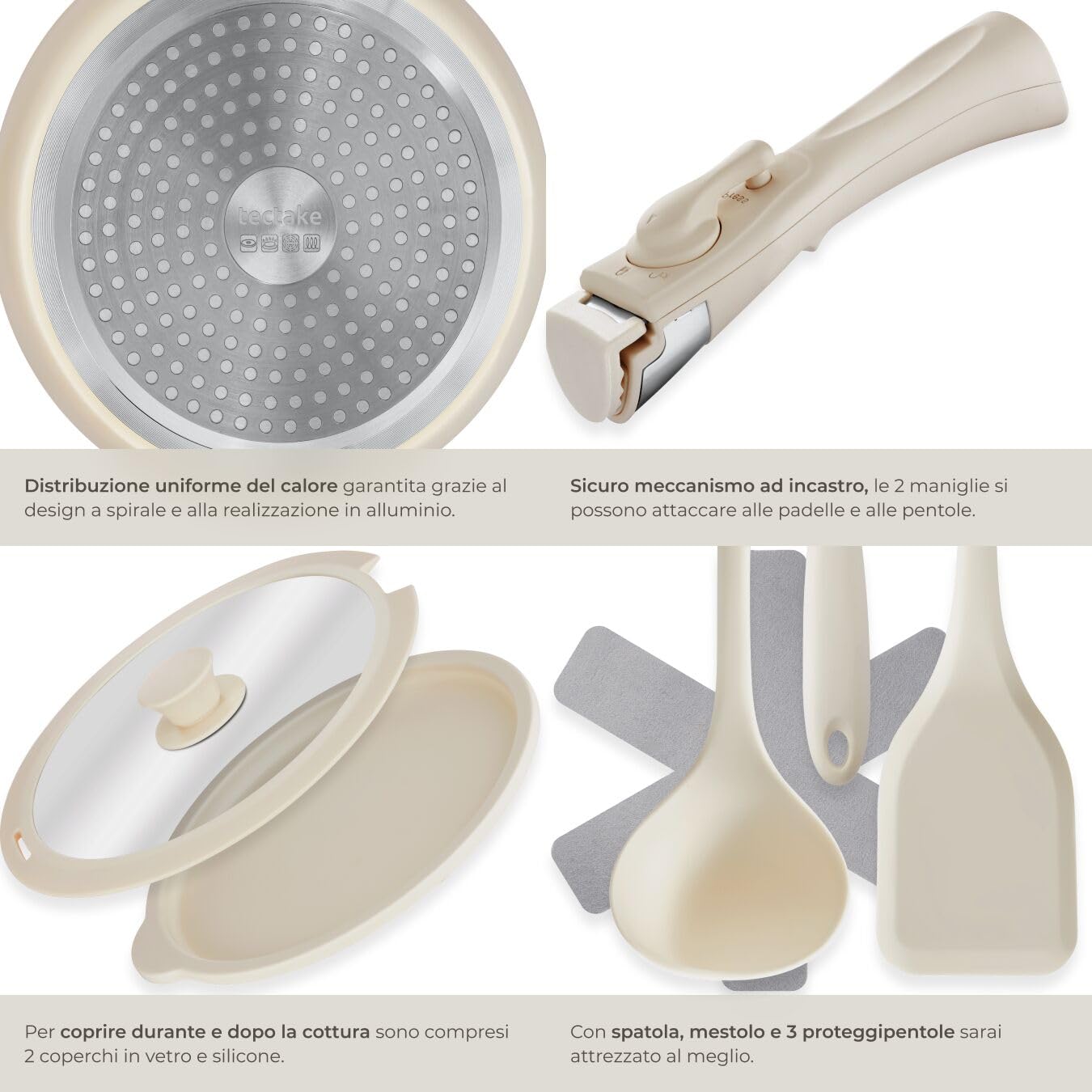 tectake®, Set di pentole 16 pezzi, set pentole induzione anche per piani a gas, elettrici, rivestimento antiaderente in ceramica, manici removibili - 2 Padelle, 2 Pentola, Pot, 4 Coperchi - Bianco