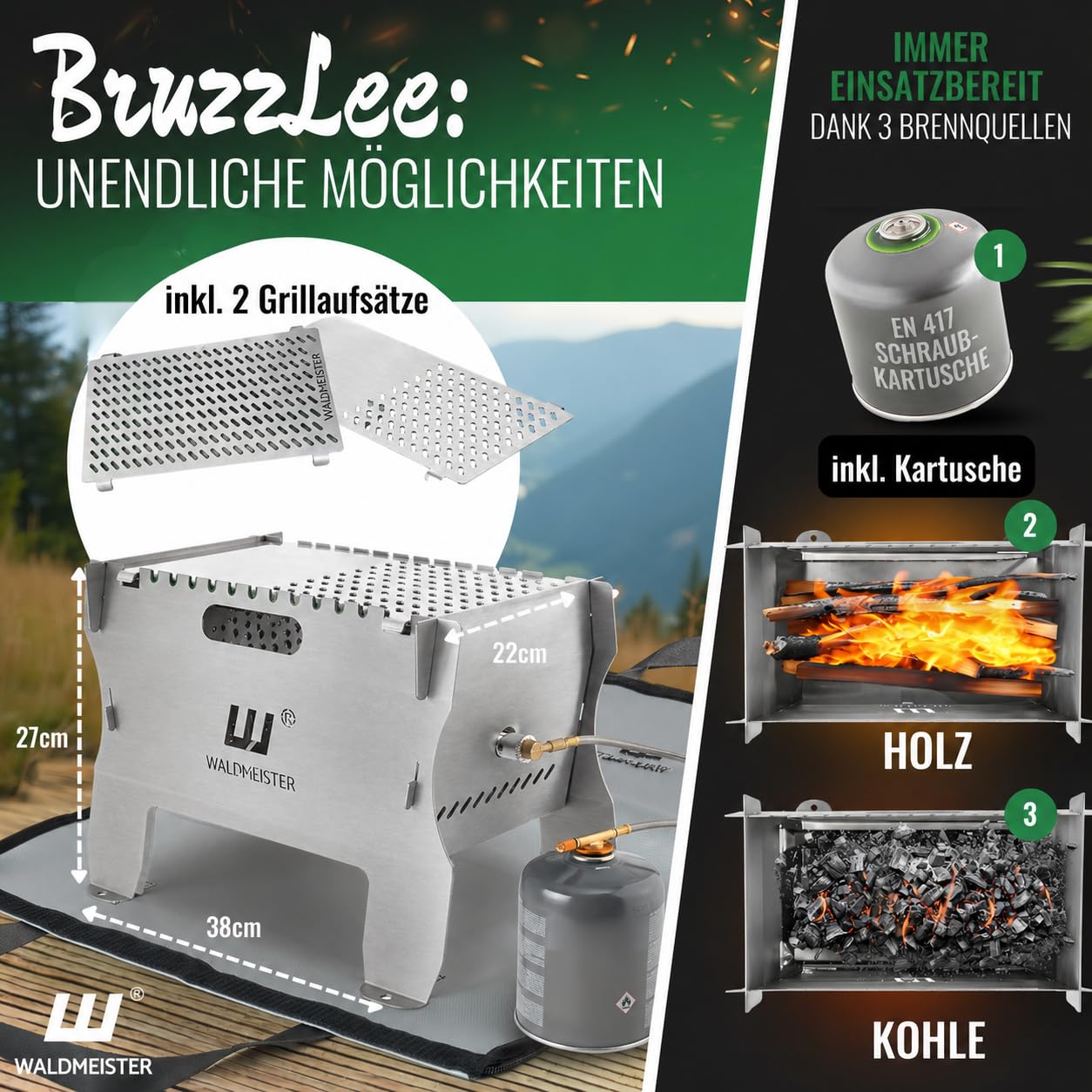WALDMEISTER BruzzLee mobiler Gasgrill klein | kompakter Camping Gasgrill mit 2 Brennern | Kompaktgrill steckbar | Tischgrill für Camping, Balkon, Outdoor