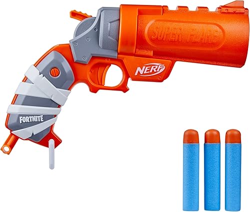 Nerf Fortnite Flare Dart Blaster, carga de dardos abiertos, incluye 3 mega dardos Nerf que silban a través del aire, mango de cebado desplegable
