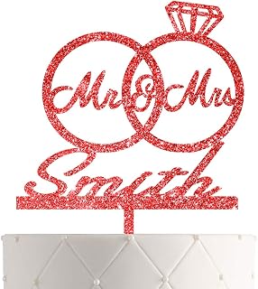Personalized Bride and Groom Wedding Cake Topper With Customized Last Name for Mr Mrs (Red Glitter)