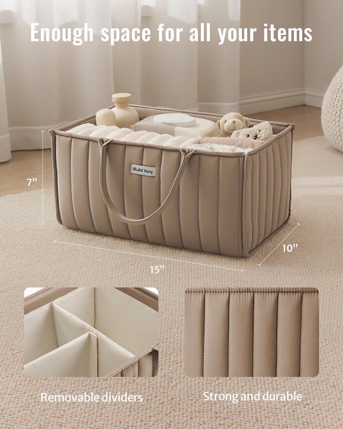 Blissful Diary Organizer na pieluchy dla niemowląt, stylowy kosz do przechowywania niezbędnych artykułów dla noworodka i stacji na pieluchy, prezent na baby shower i niezbędny element listy, brązowy