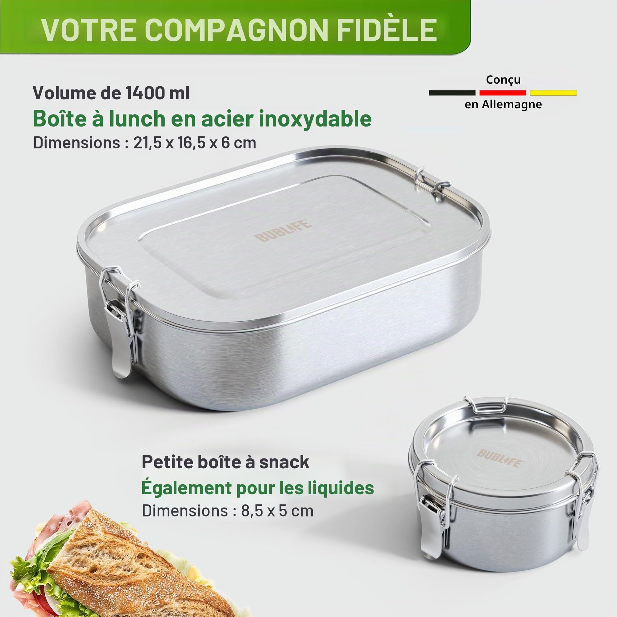 Boîte à repas 1400 ml en acier inoxydable avec compartiment | Bento étanche - lunchbox pour enfants et adultes