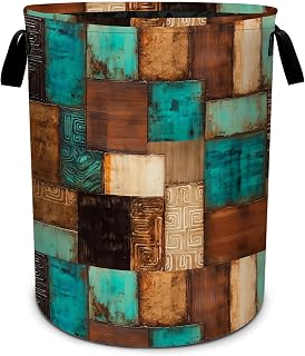 Vintage Geometric Teal Laundry Basket Foldable Laundry Hamper With Handles Clothes Storage Bucket Organizer Laundry Bag For Bedroom Bathroom Laundry Storage 19.6 x 15.7