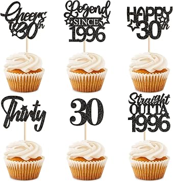24Pcs Glitter Black Cheers to 30 Cupcake Toppers Straight Outta 1996 Legend Since 1996 Happy 30th Thirty Cupcake Picks for 30th Birthday Wedding Anniversary Party Cupcake Decoration