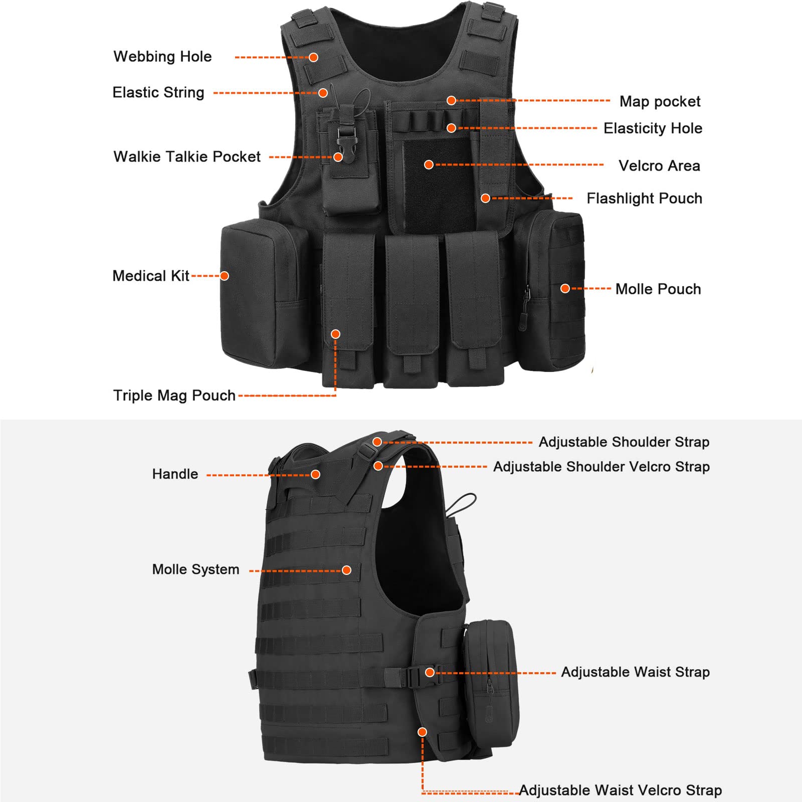 HUNTVP Gilet Tattico Militare Pettorina da Softair Giubbotto Molle Regolabile Gilet da Pesca Caccia Campeggio Escursione