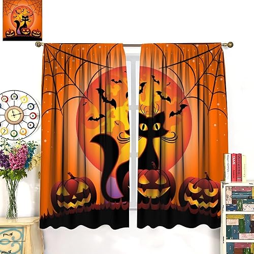 Miniatura 3 de Cortinas de Halloween con diseño de gato negro, murciélagos góticos, araña, terror, fantasma, naranja, luna llena, noche de feliz Halloween,