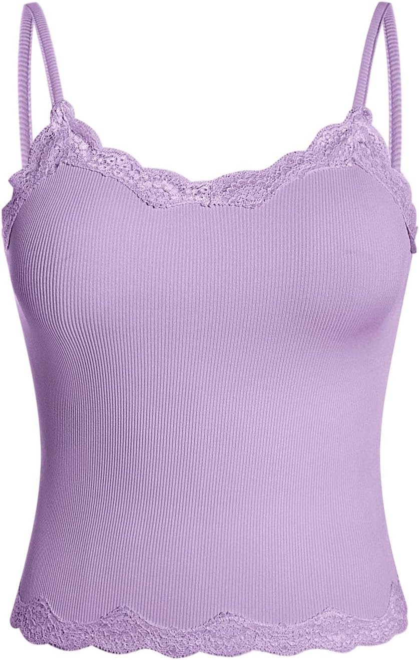 SOLY HUX Girl's Sleeveless Lace Trim Camisoles Spaghetti Strap Ribbed Crop Tank Tops