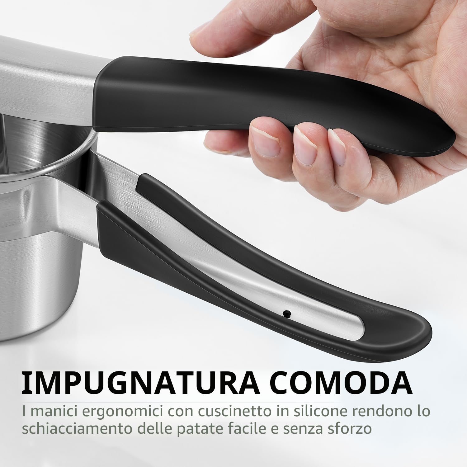 Schiacciapatate, Sopito Schiacciapatate in Acciaio Inox con 2 Tazze Intercambiabili per Purè di Patate, Purè di Verdure, Succhi di Frutta e Ricette Alimentari, Lavabile in Lavastoviglie