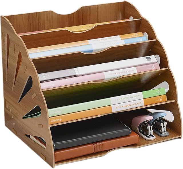 CLIPOP Desktop Letter Filing Tray Organiser, 5 Tier Wooden Desk File Storage Document A4 Paper Rack for Office & Home Desk Use