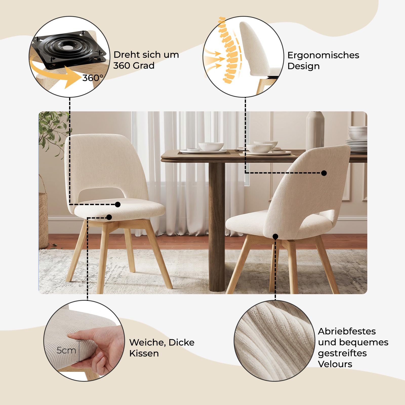 JIJIAN 360° Esszimmerstühle Drehbar 2er Set, Polsterstühle mit Buchebeinen