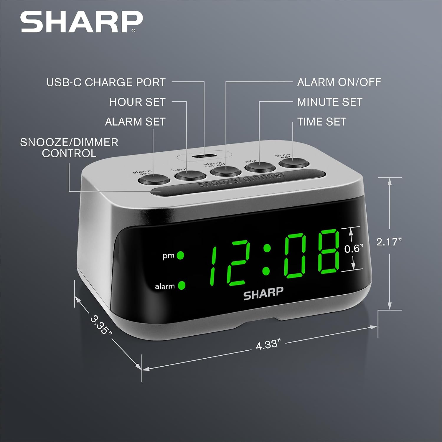 Sharp Digital Alarm Clock with Super Fast USB-C Charge Port & Green LED Display image 4