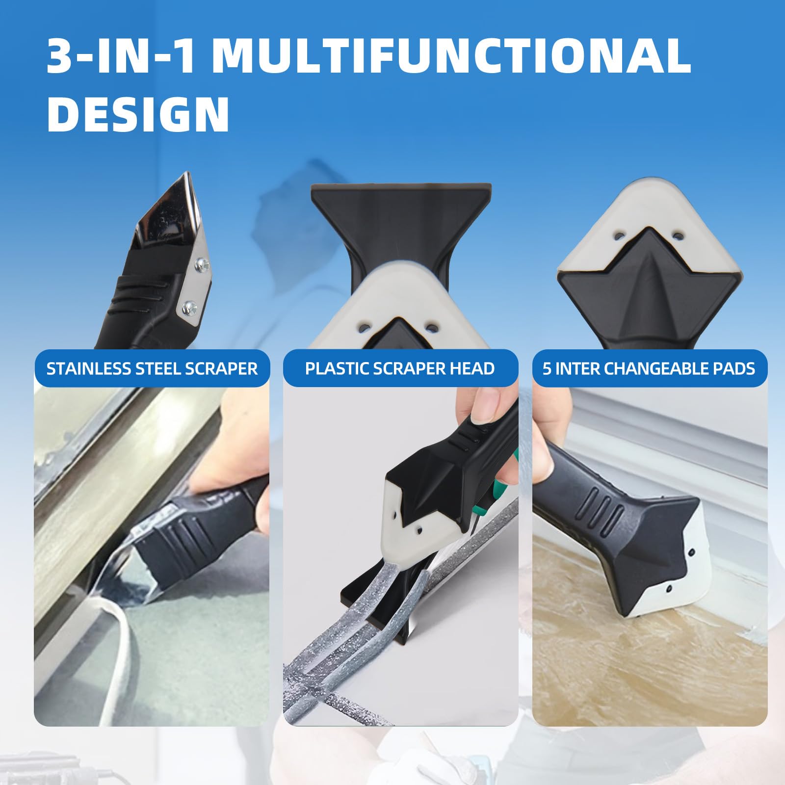 3 en 1 Aplicador Silicona Herramienta, LINKINNO Kit de Calafateo Herramientas de Eliminador de Sellantes Cemento Rascador Alisador de Masilla para Rasqueta Vitroceramica para Juntas Baño de Cocina