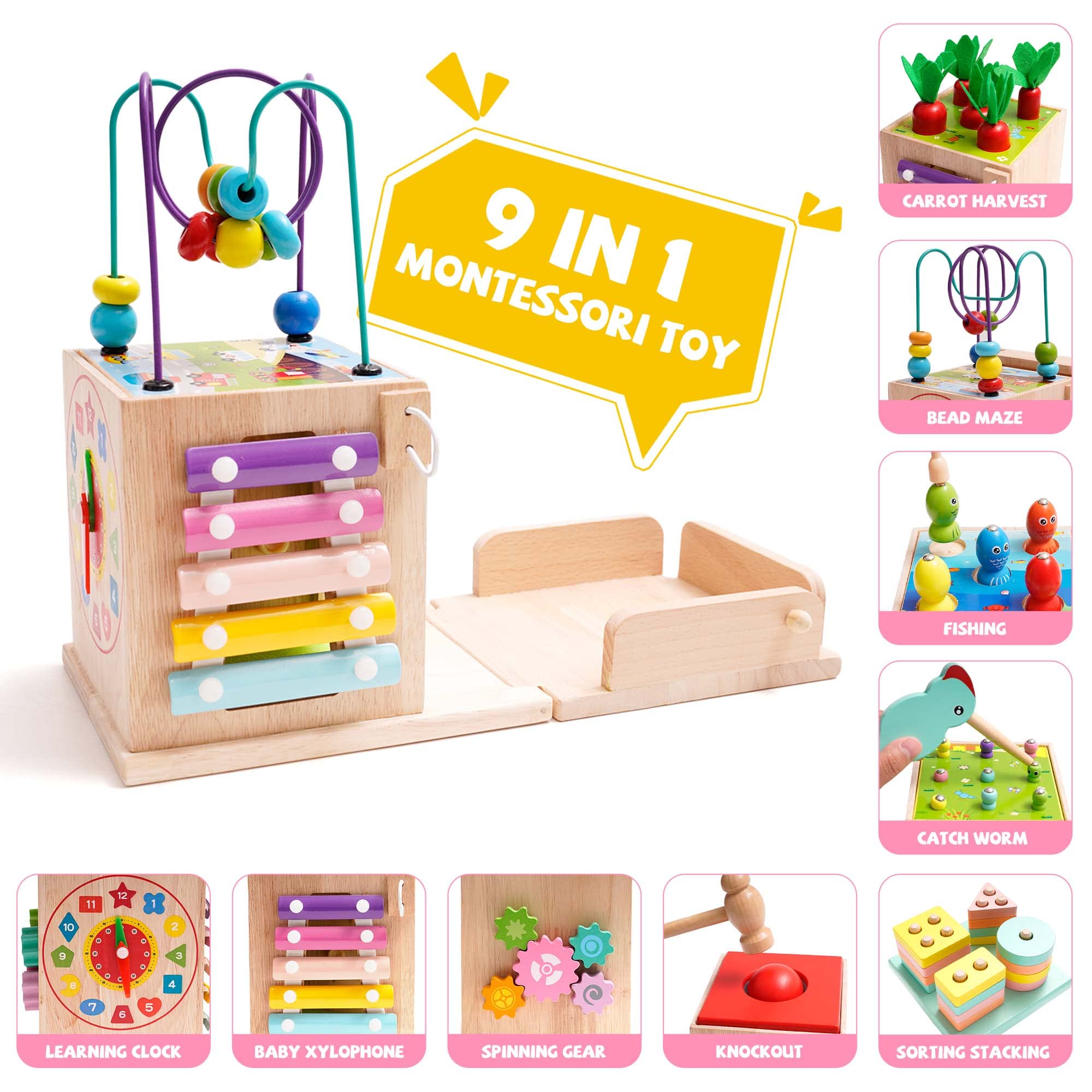 NUKied Montessori Jouet Bebe 1 2 3 an |9 en 1 Cube d'activités motrices dès |Frapper la Balle,Formes À Trier Empiler Jeu,Jouet de Récolte de Carottes,Jouet en Bois pour Cadeau Fille Garcon Bébés