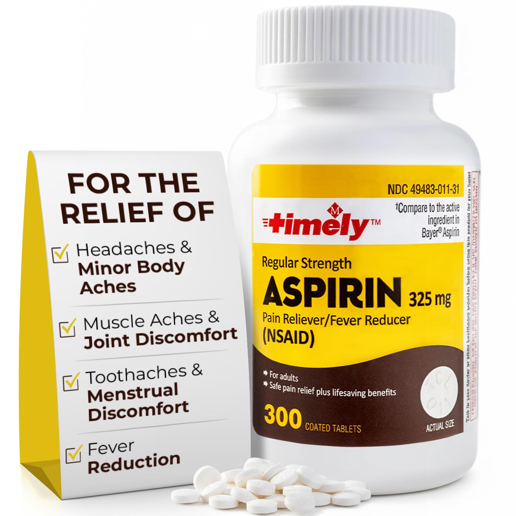 TIME-Cap-Labs 300 Count Regular Strength Aspirin 325mg for Adults - Compared to Bayer - Coated Regular Strength Aspirin Tablets - Pain Reliever for Minor Aches and Pains