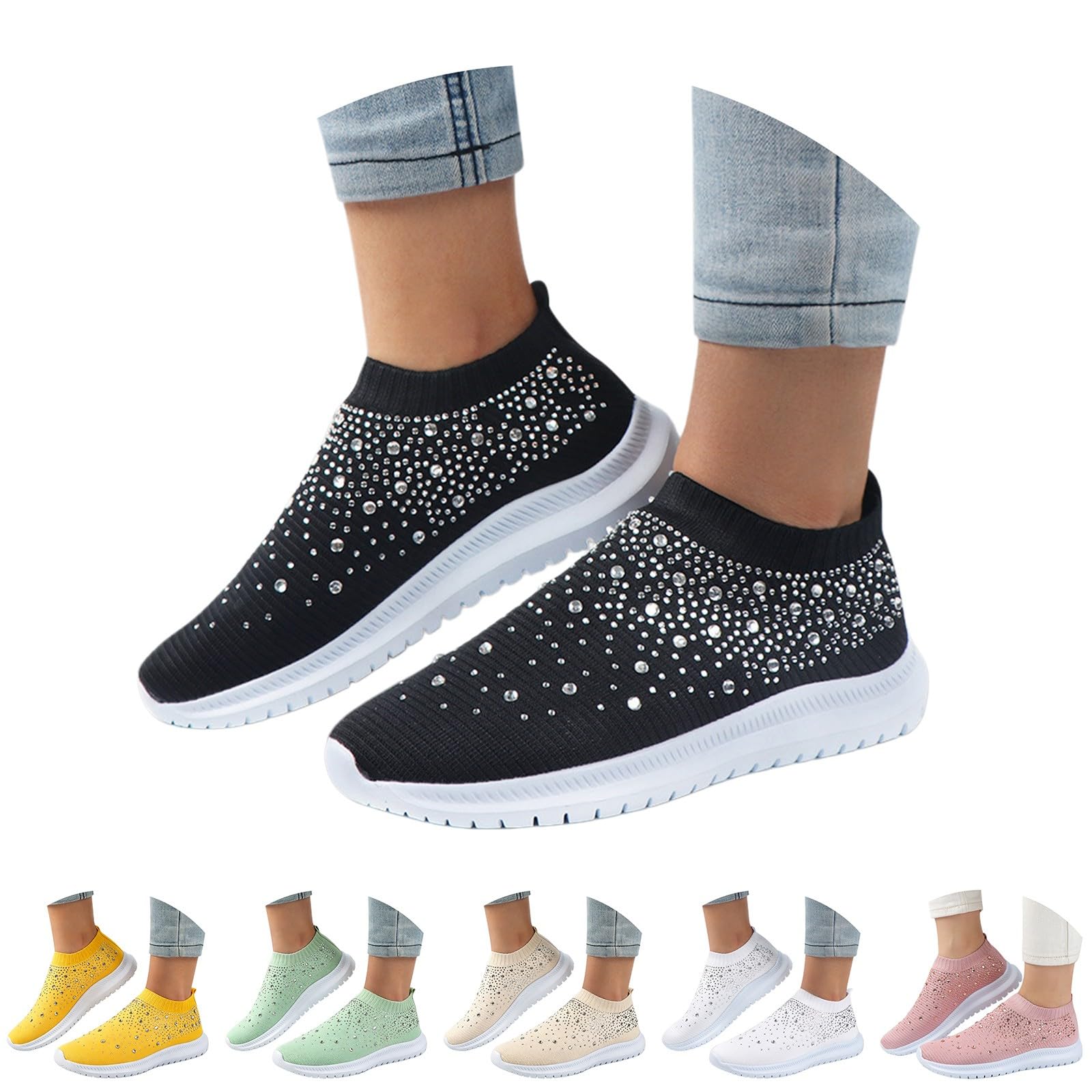 Scarpe da ginnastica da donna glamour con strass a maglia, senza lacci, con strass, per vacanze, crociere e feste, Nero , 39.5 EU