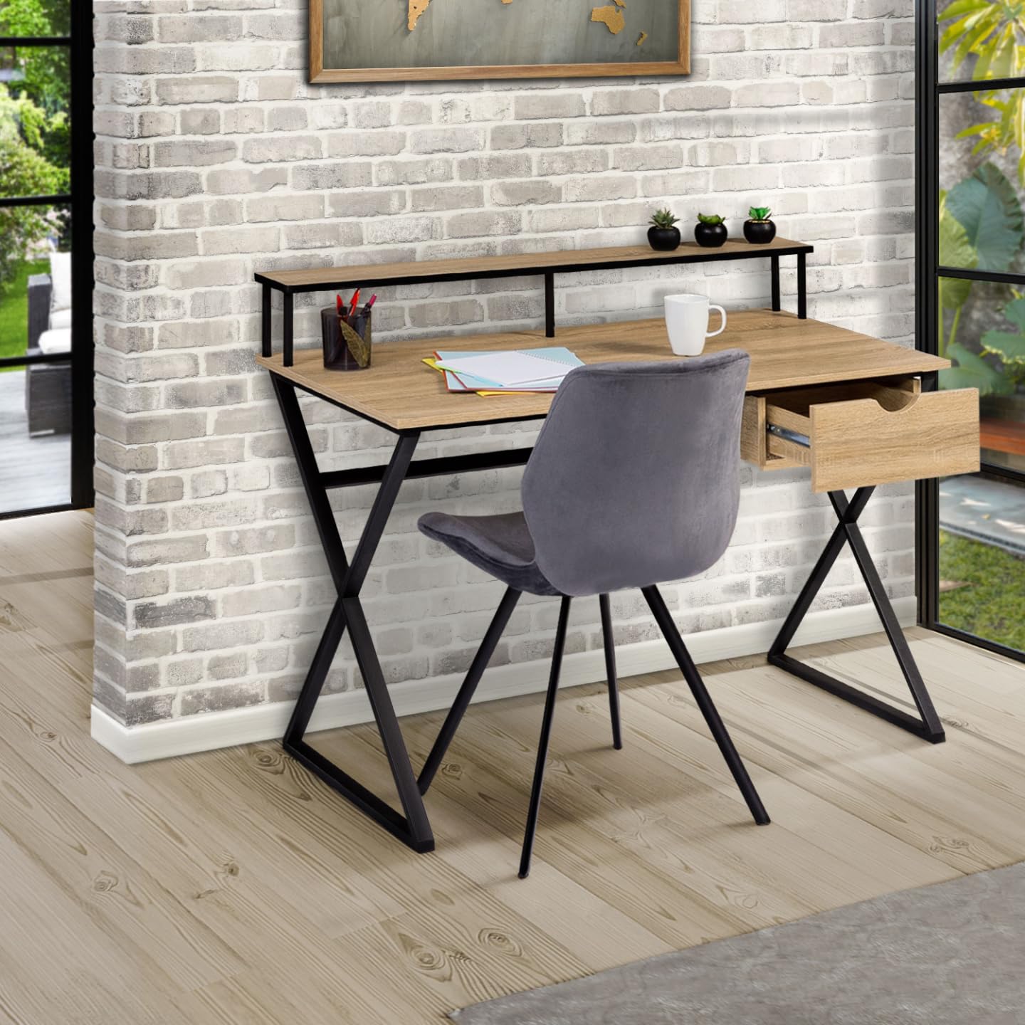 IDMarket - Bureau 1 tiroir Enzo Pieds croisés Design Industriel