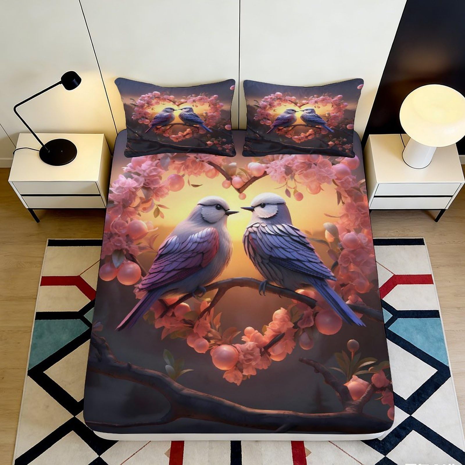Pnayamiorkfel Style-4 3D Printed Cherry Blossom Birds Fitted Sheet Microfiber Soft Pink Sunset Bed Cover For Bedroom Guest Room Decor 90X200x25cm