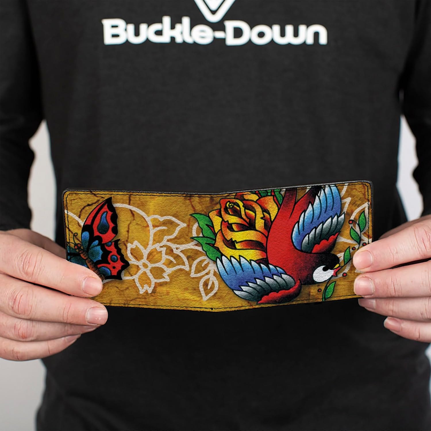 Buckle-Down Buckle-Down Bifold Wallet Tattoo Johnny Bird & Rose Accessory, -Tattoo Johnny Bird & Rose, 4.0" x 3.5"