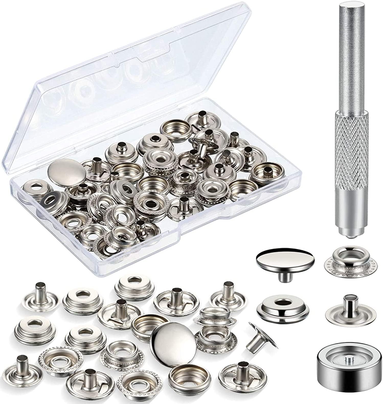Snap Fastener Kit, Press Studs Snap Fasteners Clothing Snaps Button with 2 Pieces Installation Tools for Bags, Jeans, Clothes, Fabric, Leather Craft, 12 Sets