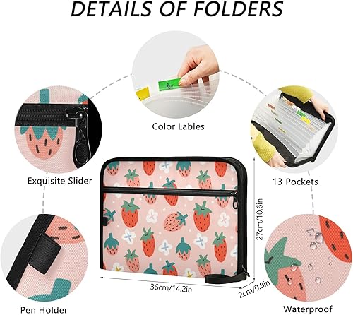Miniatura 3 de Carpeta de archivo expandible de fresa roja, carpeta de archivo de acordeón de estrellas doradas de dibujos animados, tamaño A4, bolsillos de