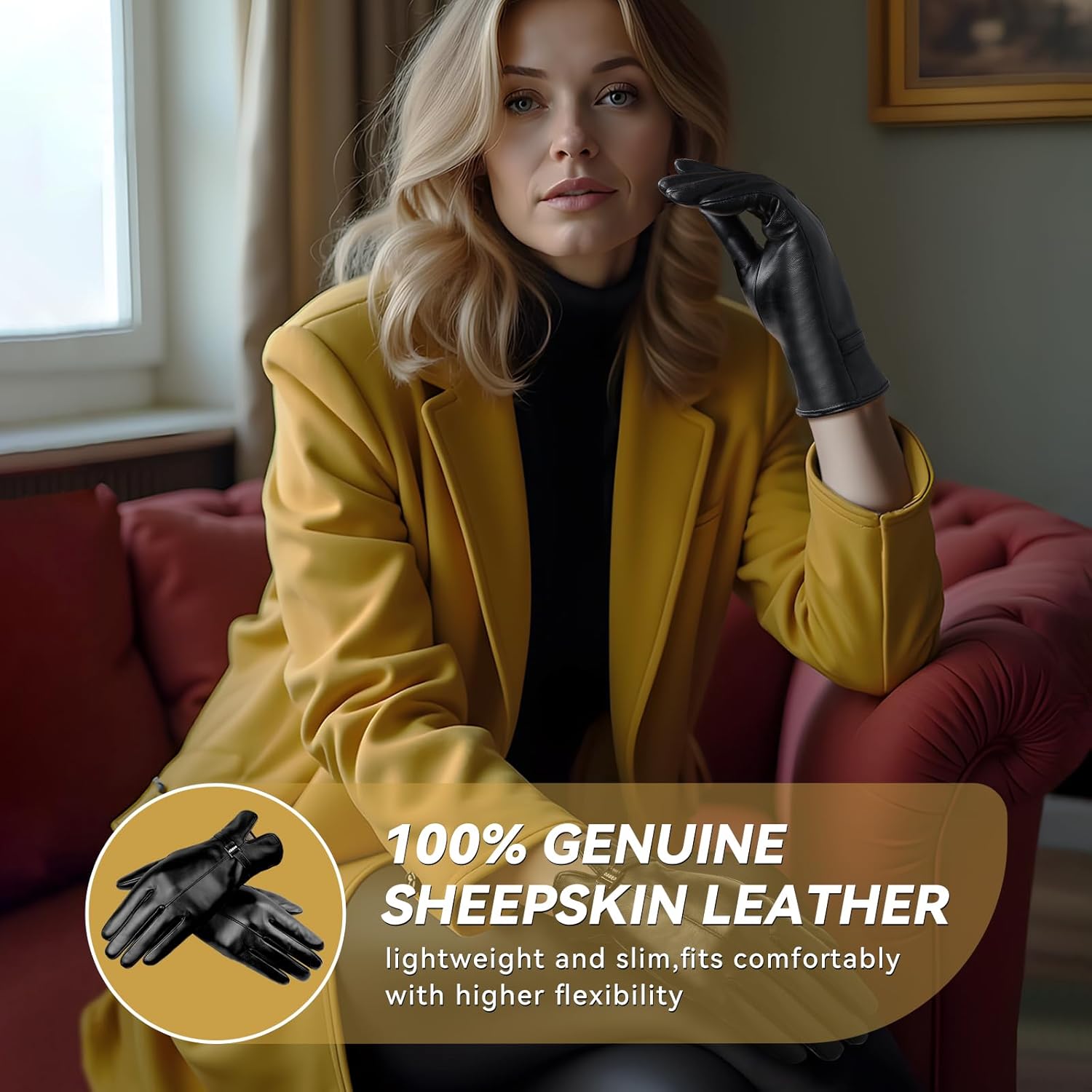 OZERO Leather Womens Gloves Winter, Sheepskin Wool Warm Womens Gloves with Touchscreen Fingers for Cold Weather - Image 3