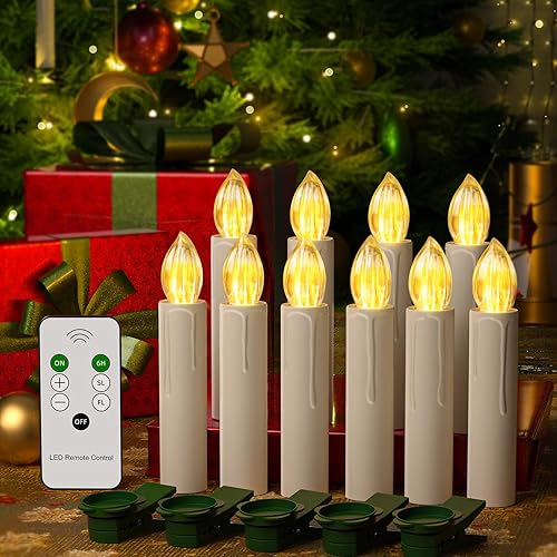 10 velas de Navidad para ventana, sin llama, con clips, funciona con pilas, luces LED para árbol de Navidad, con temporizador remoto, luces blancas