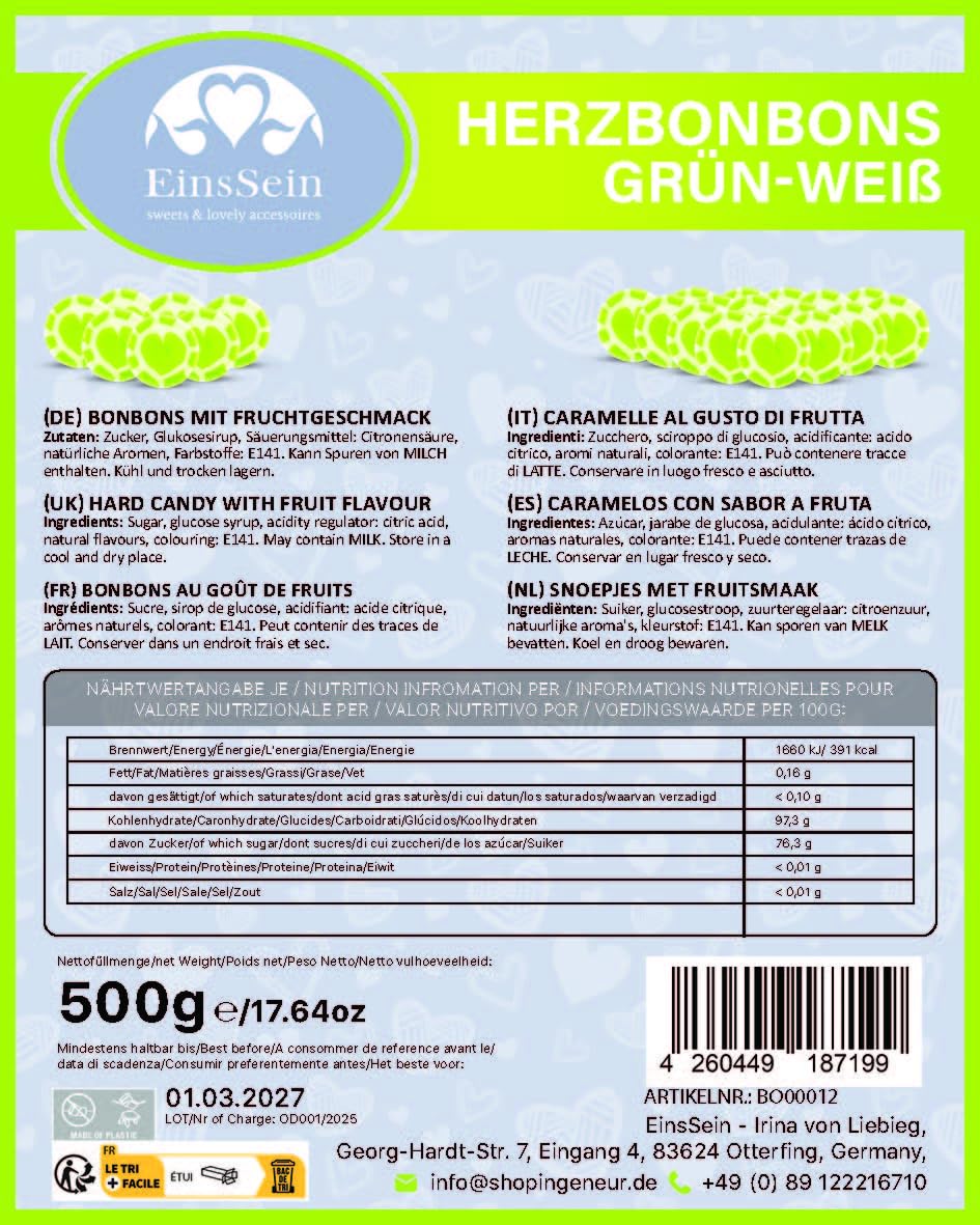 EinsSein Caramelos Corazón Verde-Blanco 5kg | Dulces en Forma de Corazón para Boda Bautizo Cumpleaños Comunión | Candy Bar Sweet Table Decoración de Mesa Regalos de Boda