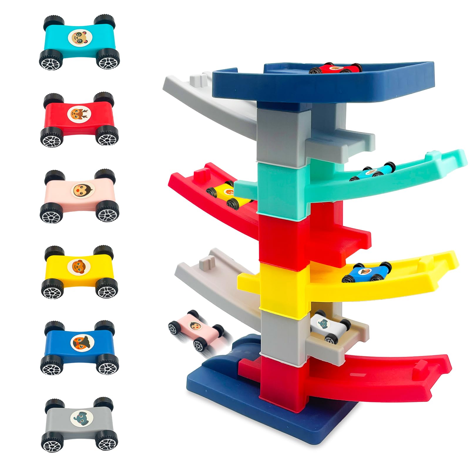 TRUEIN Car Ramp Toy, 7 Layer Toys Car Ramp Racer, Z-Shaped Car Ramp Race Track Toy with 6 Mini Cars and 2 Animal Stickers, Toddler Cars Garage Toys for 1 2 3 4 Year Old Boy Gifts