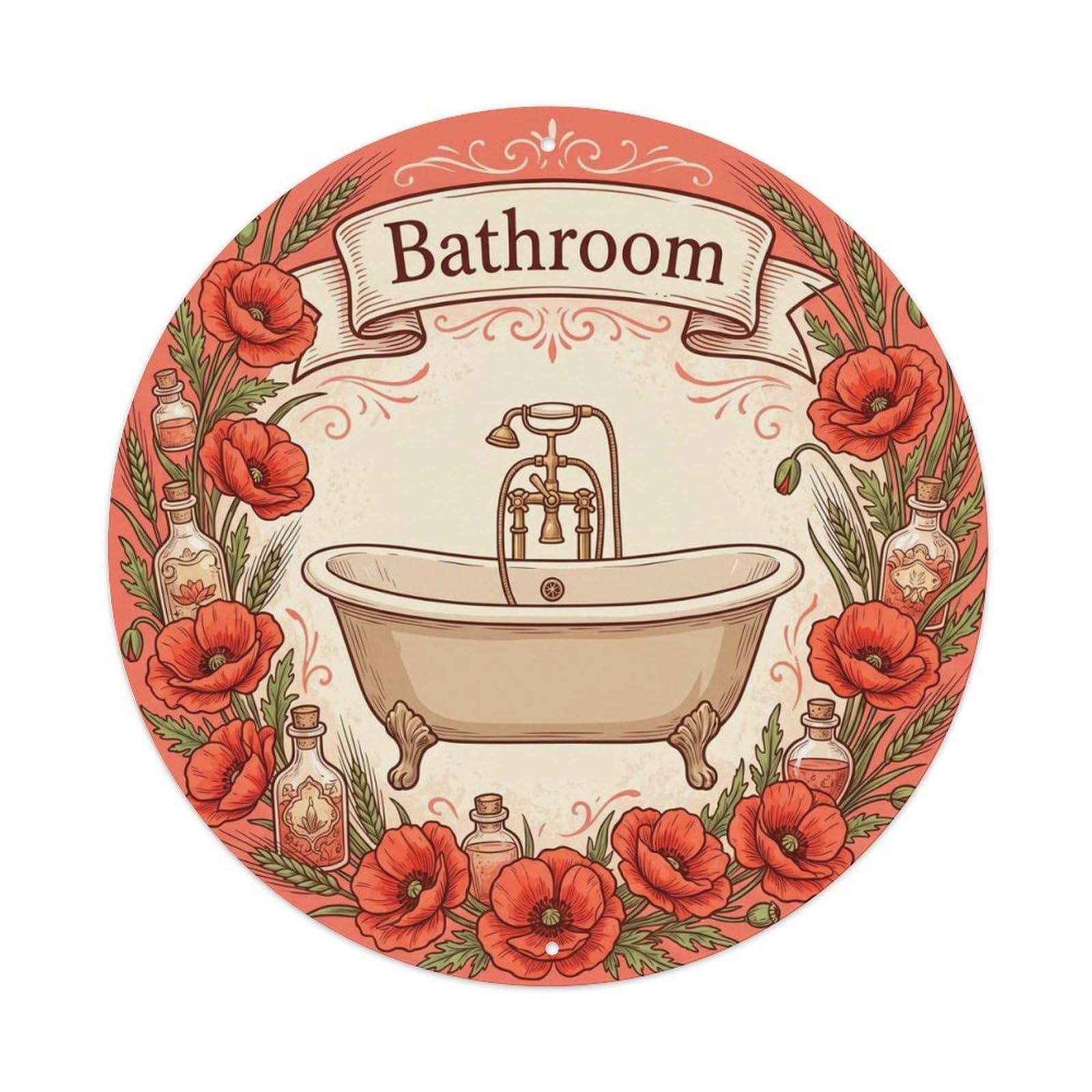 Yrnq Vintage Style Bathroom Poppy Bathroom Wall Decor Vintage Metal Tin Sign Plaque Wall Decor For Cafe, Club, Garden Round Metal Poster 8X8inch