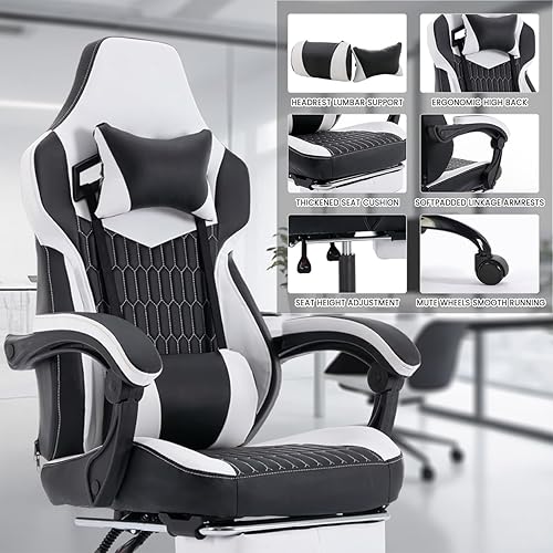 Miniatura 6 de Silla de escritorio para juegos para adultos, silla ergonómica para juegos con reposapiés, reposacabezas y soporte lumbar, material de cuero, altura