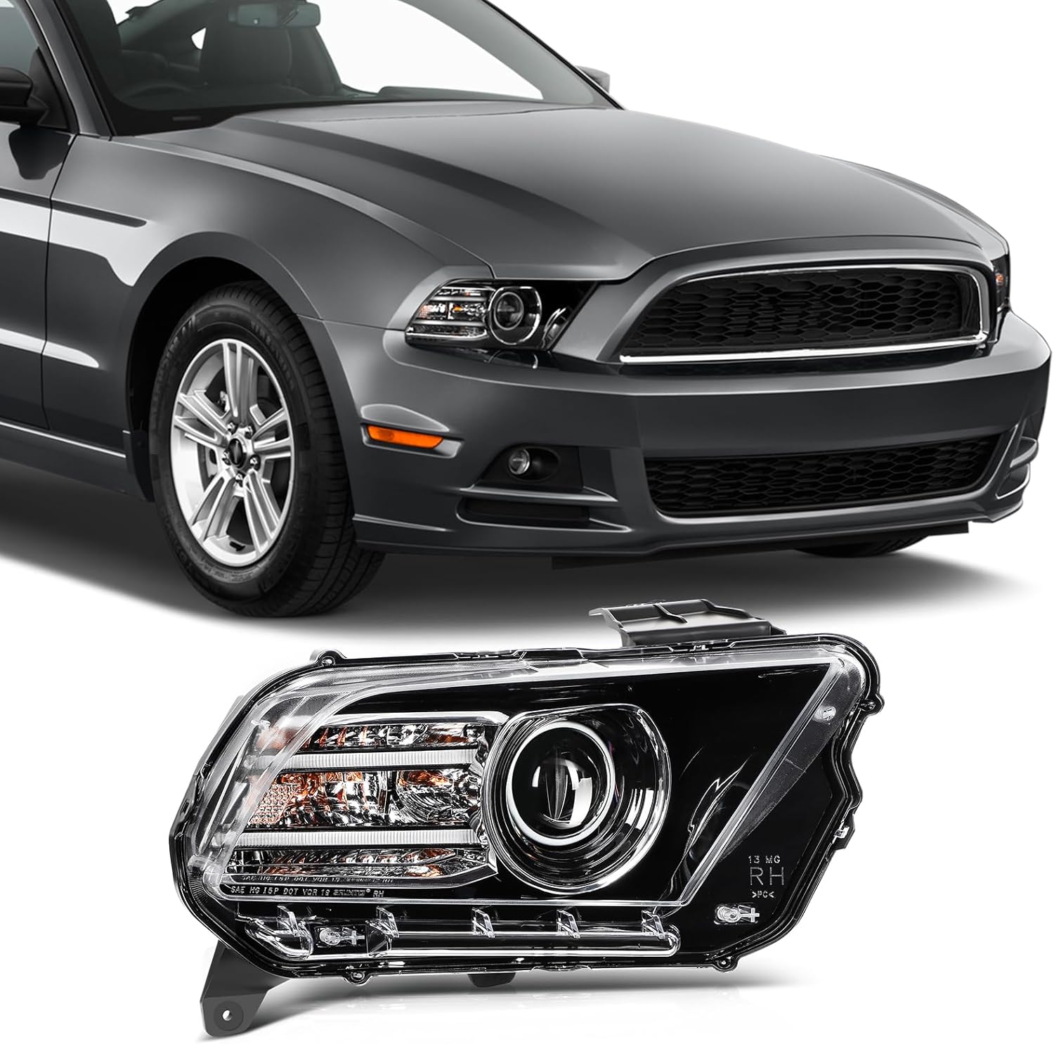 SCITOO Headlight Assembly Fits For 2013-2014 for Ford For Mustang Halogen Upgrade Headlamp w/LED Tube Passenger Side 2013-2014 Ford Mustang/Right Side