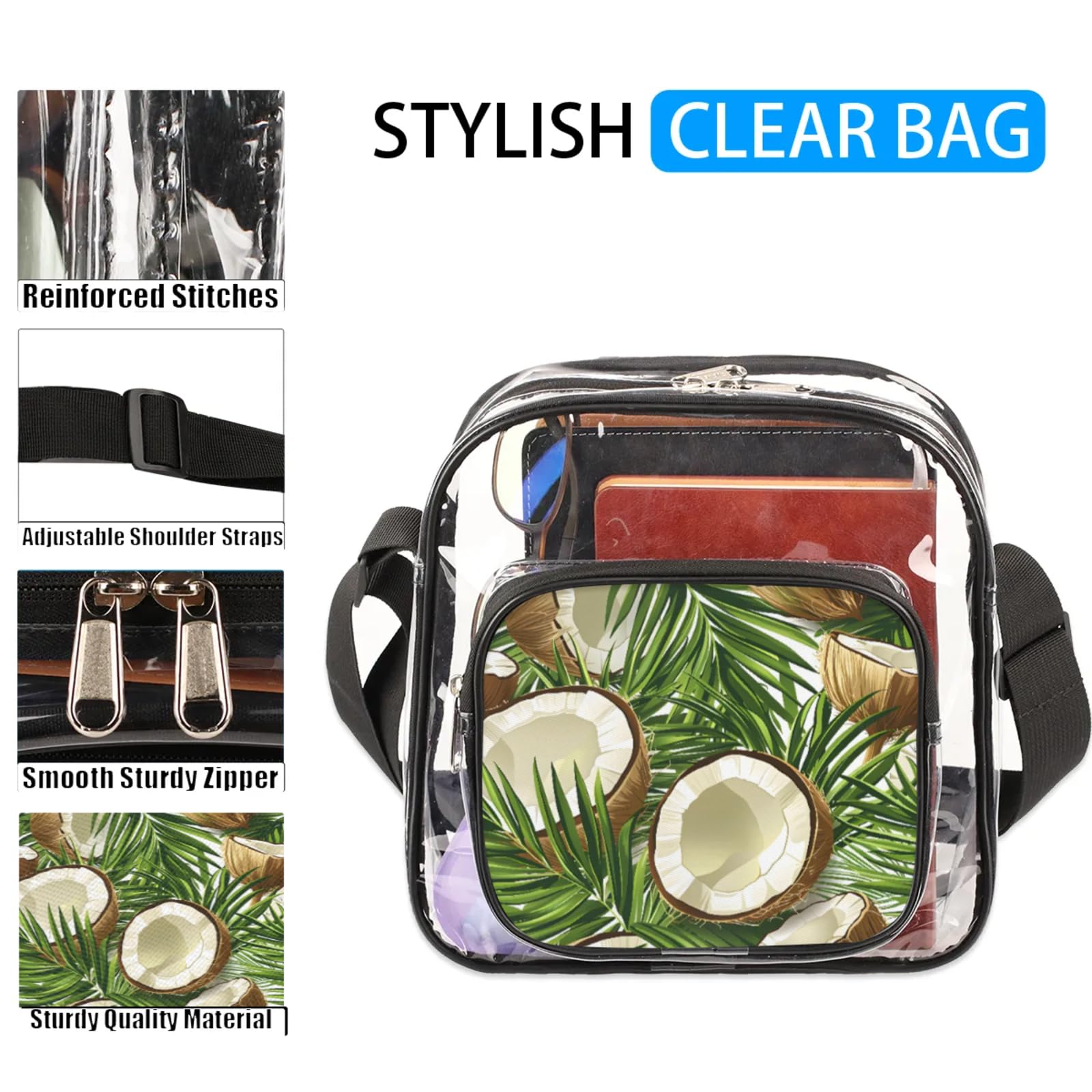 Clear Crossbody Bag Stadium Approved Fruit Coconut Transparent Bag for Festivals, Sports Events, Concerts,Beach Bag for Women Men Clear Purse with Front Pocket Messenger Bag with Adjustable Strap