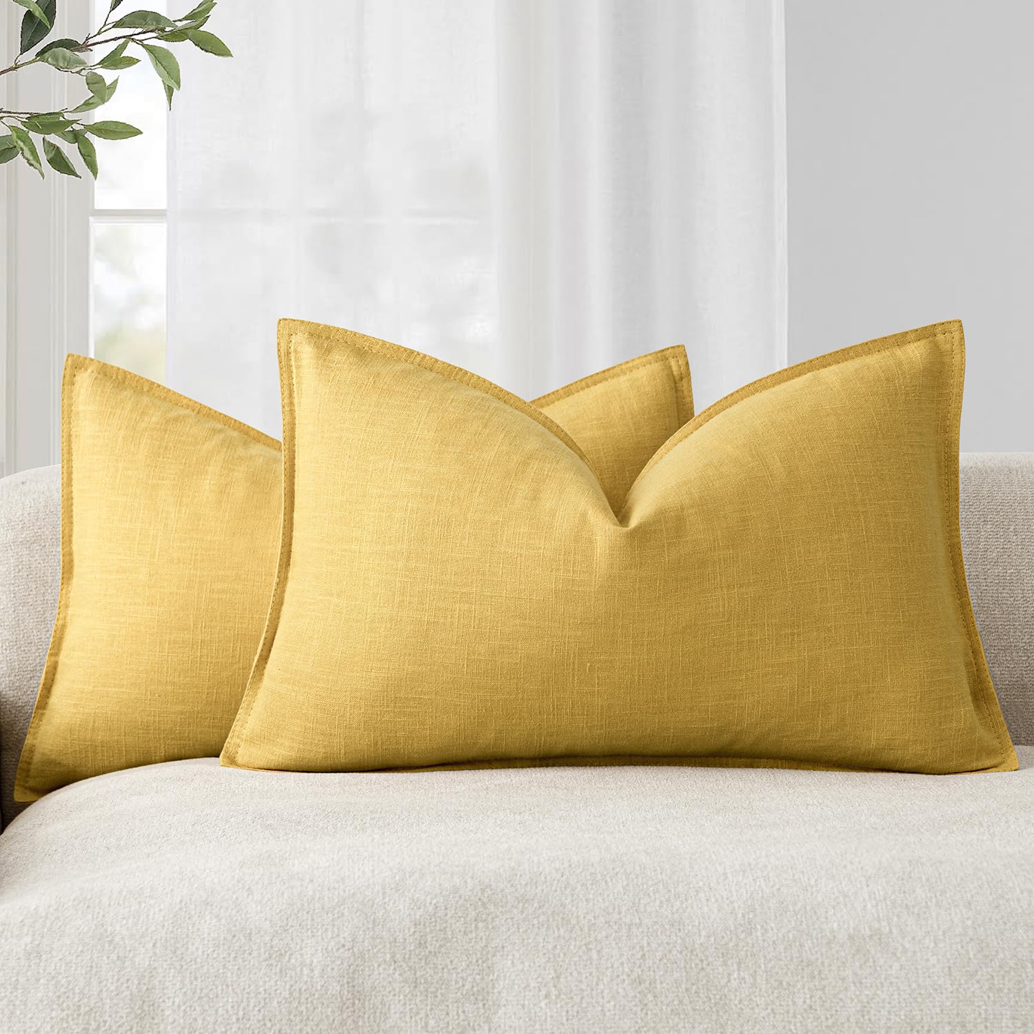 Foindtower Pack of 2, Decorative Linen Soild Throw Pillow Covers Accent Lumbar Cushion Case Boho Farmhouse Pillowcase for Chair Couch Sofa Bedroom Living Room Home Decor 12 x 20 Inch Ginger Yellow — image 1