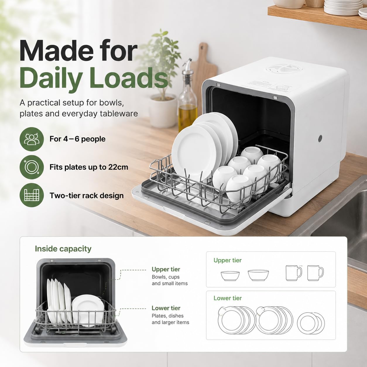 Lavavajillas de mesa, 1100 W Mini lavavajillas sin instalación con 4 modos de lavado, depósito de agua de 6 L, secado por aire caliente y almacenamiento de 72 horas, control táctil LED, lavavajillas