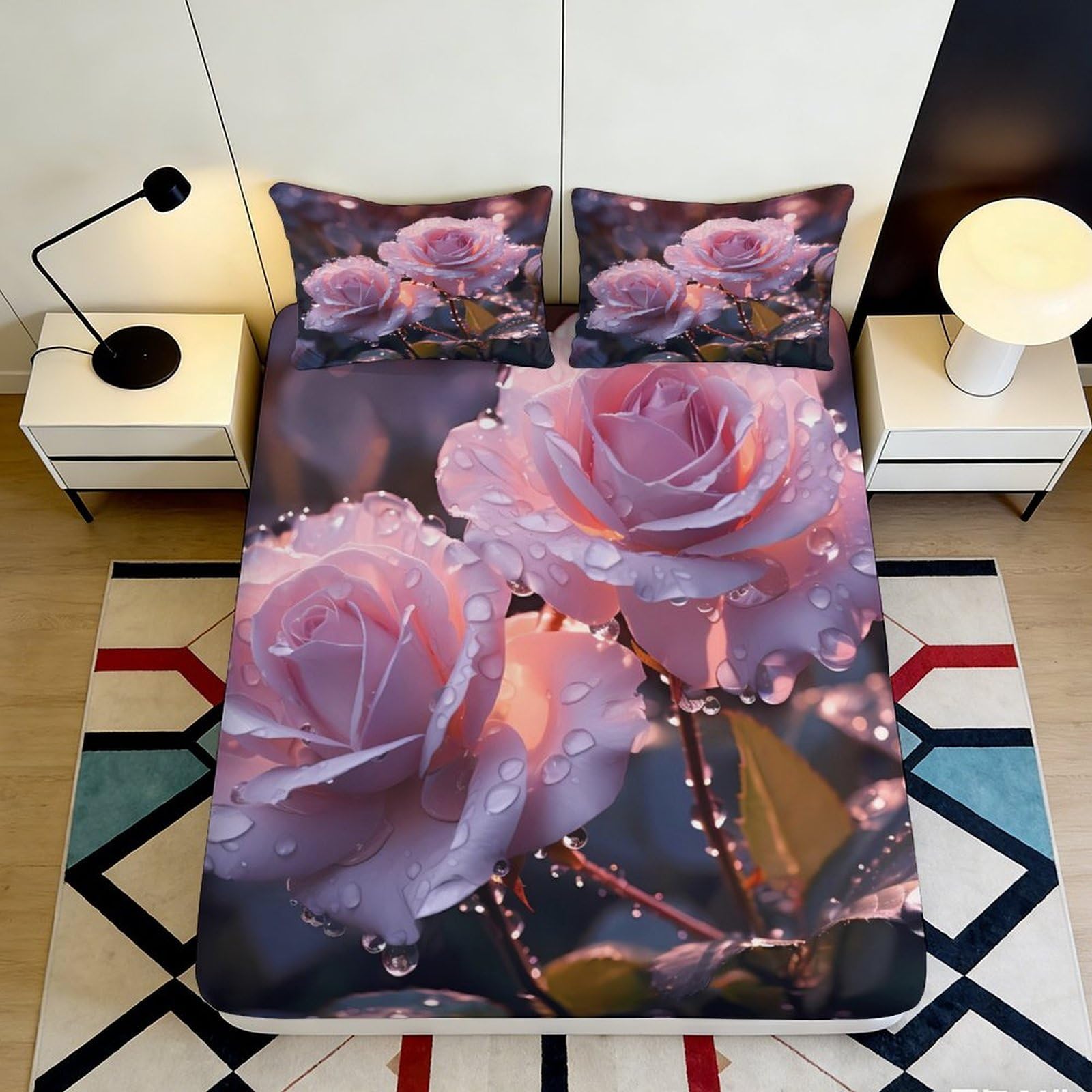 3D Printed Purple Rose Fitted Sheet Microfiber Soft Bed Cover Waterdrop Floral Mattress Decor for Bedroom Guest Room 90x200x25cm