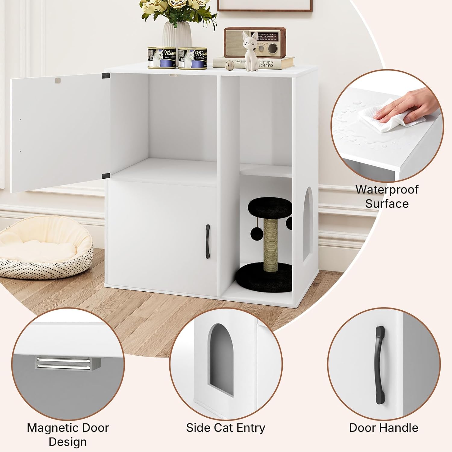 Rovibek Double Cat Litter Box Enclosure,Two Tier Hidden Litter Box Furniture for 2 Cats with Scratching Post and Storage, Dual Cat Litter Cabinet for 2 Litter Boxes, White