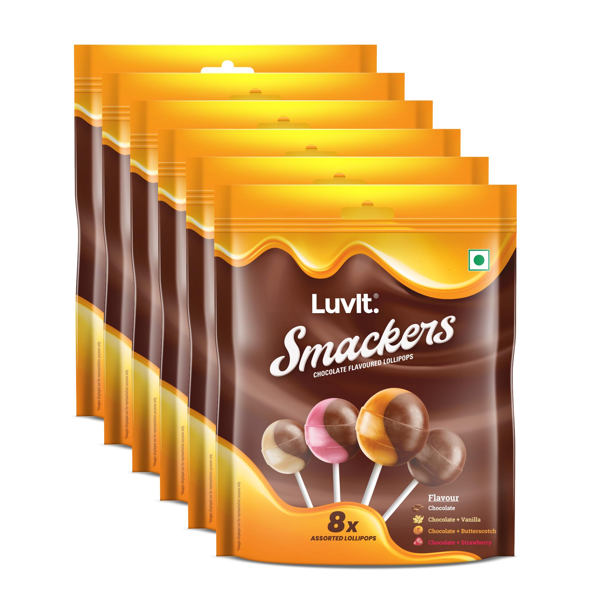 LuvIt. Smackers Chocolate Flavoured Lollipops|Surprise Toy For Kids|Big Stick Lollipops|Pack Of 6-96G Each, 576 Gram