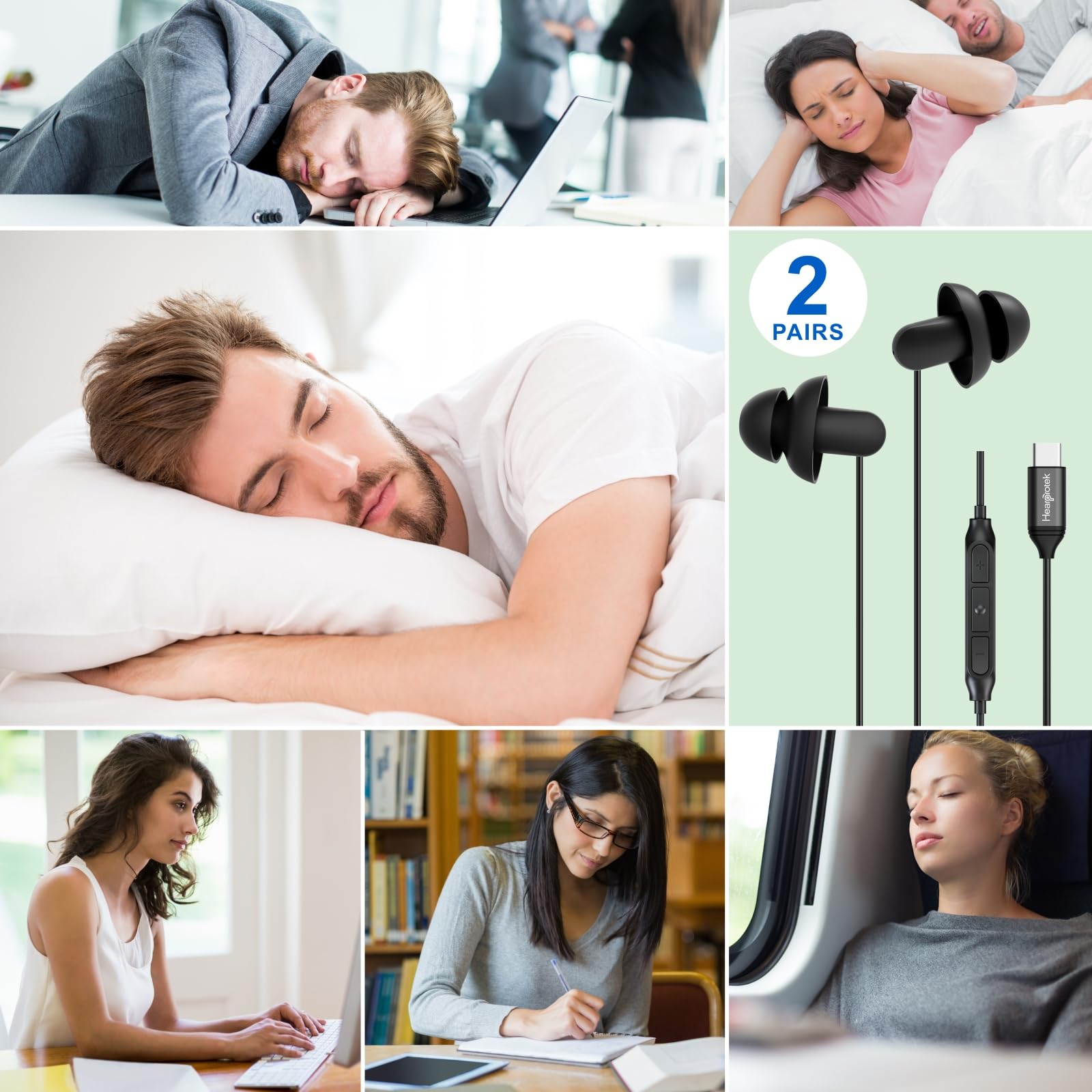 Hearprotek 2 pares de auriculares para dormir, auriculares tipo C con micrófono, de silicona, reducción de ruido, auriculares para dormir, ronquidos, relajación