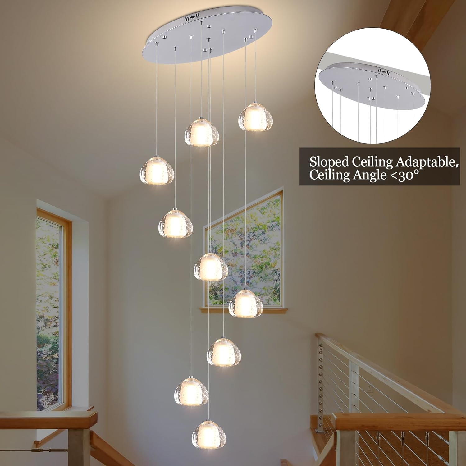 Chrome Crystal Chandeliers for Staircase 9-Lights, H99 Inches Modern Indoor High Ceilings LED Pendant Light Fixture for Living Room Foyer Entryway