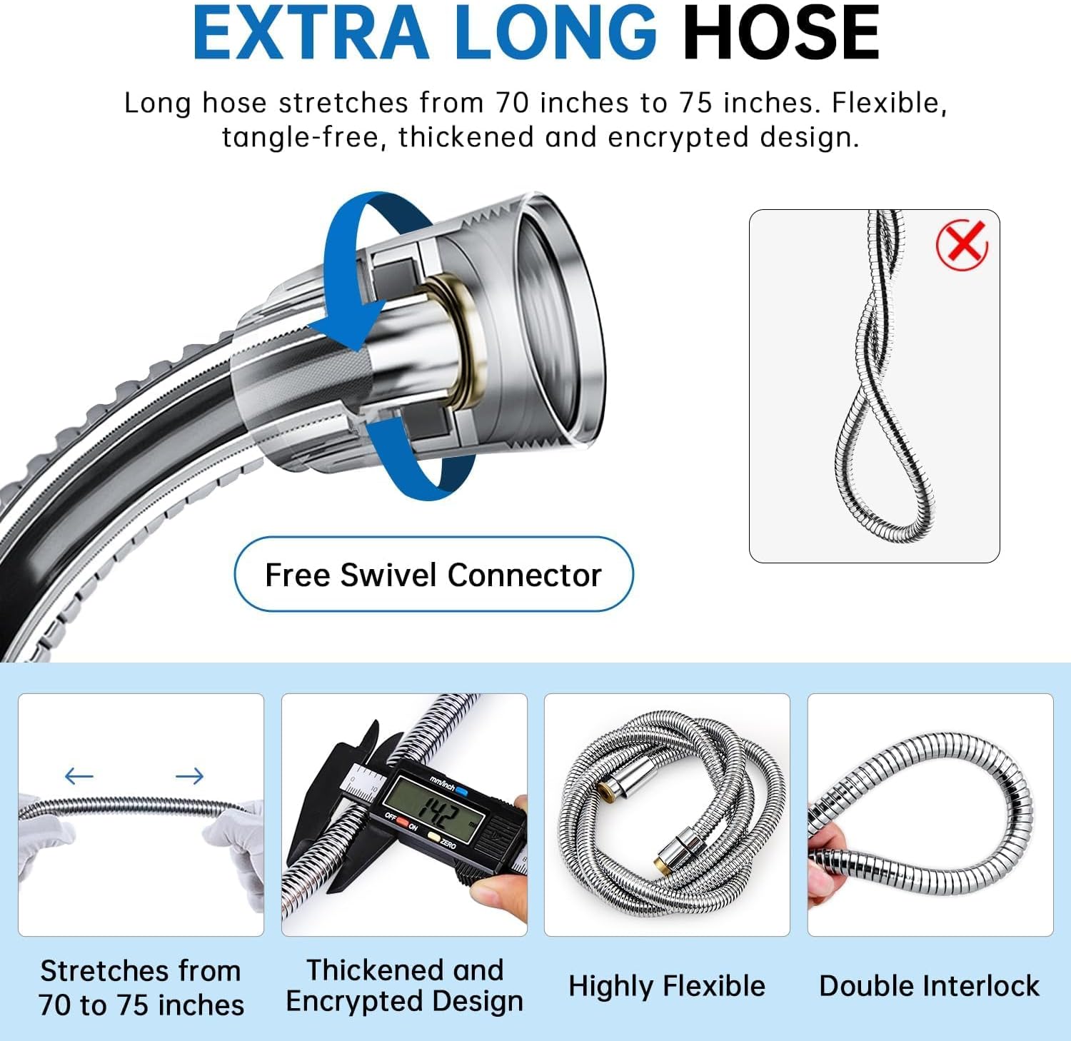 G-Promise All Metal Shower Head Holder with 71" Stainless Steel Hose and 6" Shower Arm with Flange, Solid Brass Adjustable Arm Mount, Wall Mount Handheld Shower Head Replacement (Chrome)