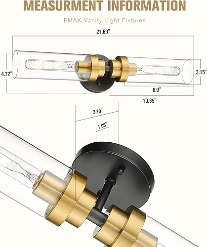 Miniatura 4 de Emak Luces de tocador negras y doradas para espejo, modernas lámparas de baño de 22 pulgadas con pantalla de vidrio transparente, aplique de pared